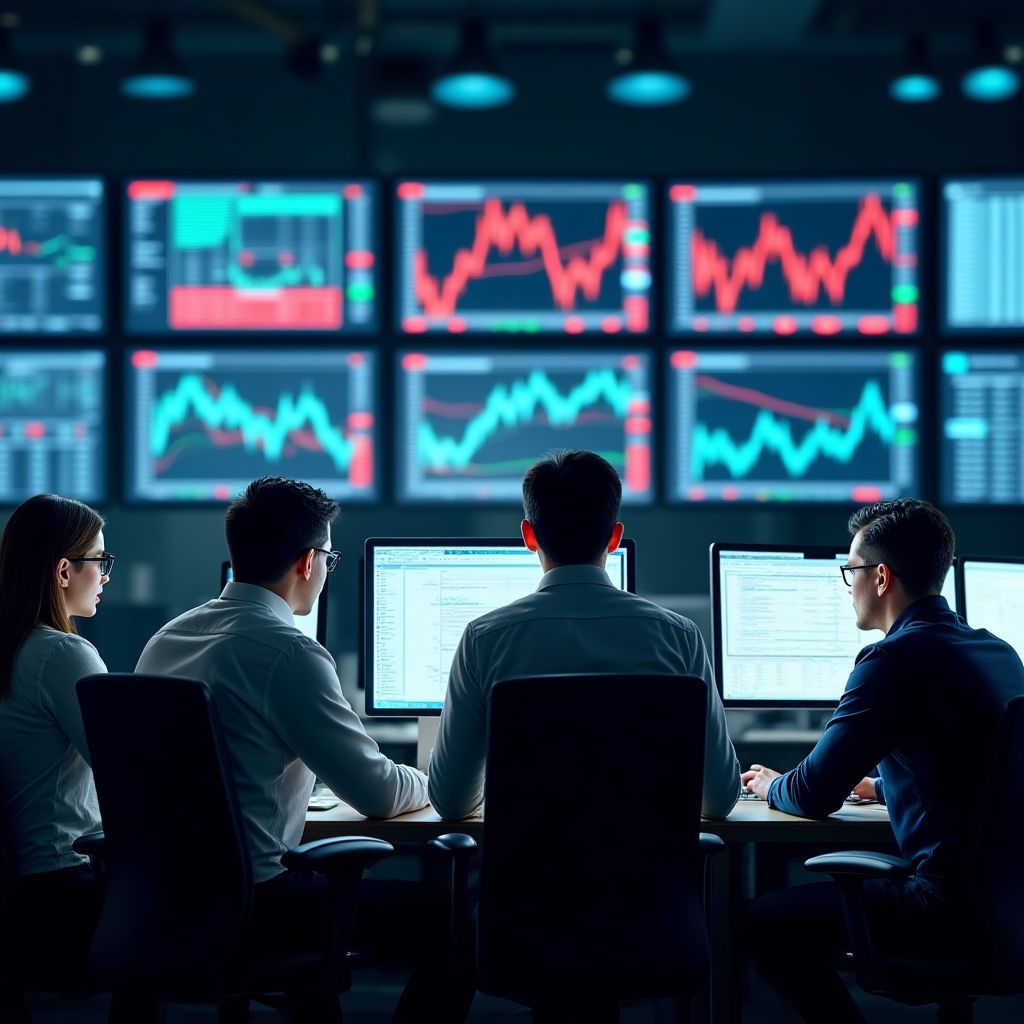 Equipo analizando datos financieros en sala de operaciones